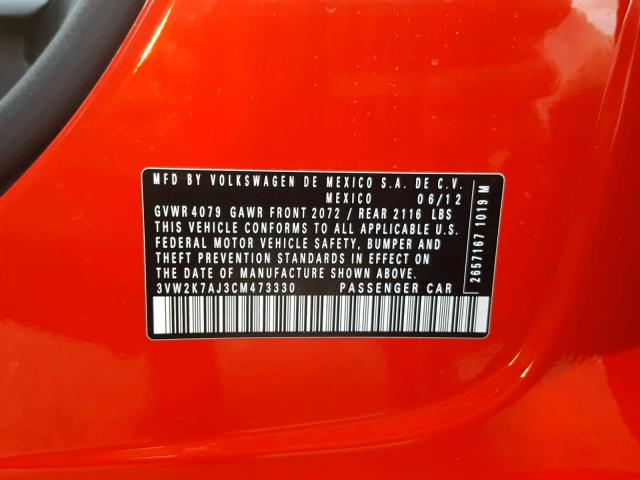 3VW2K7AJ3CM473330 - 2012 VOLKSWAGEN JETTA BASE Կարմիր լուսանկար 10