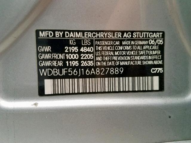 WDBUF56J16A827889 - 2006 MERCEDES-BENZ E 350 SILVER photo 10