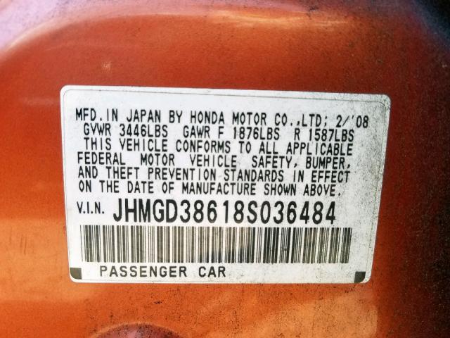 JHMGD38618S036484 - 2008 HONDA FIT SPORT ORANGE photo 10