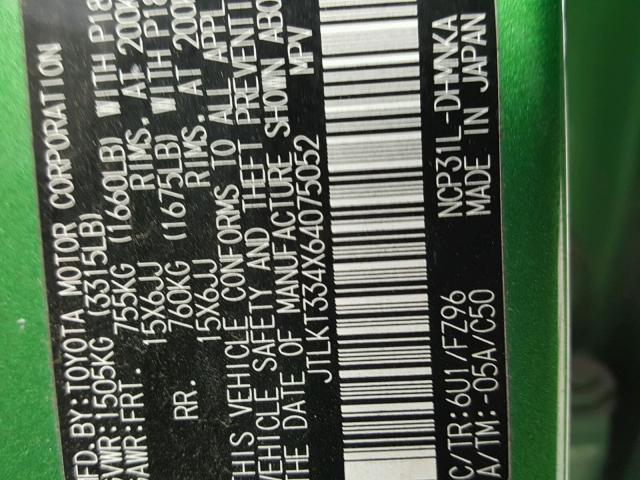 JTLKT334X64075052 - 2006 TOYOTA SCION XB Жасыл фото 10