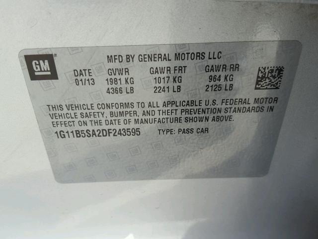 1G11B5SA2DF243595 - 2013 CHEVROLET MALIBU LS 银色 照片 10