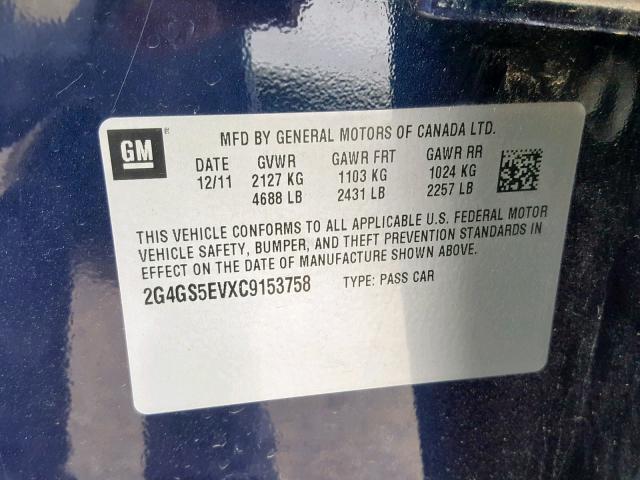 2G4GS5EVXC9153758 - 2012 BUICK REGAL PREM BLUE photo 10