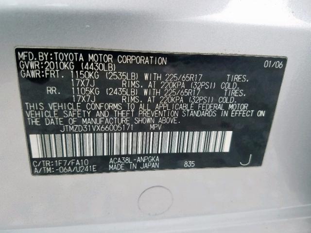 JTMZD31VX66005171 - 2006 TOYOTA RAV4 LIMIT SILVER photo 10