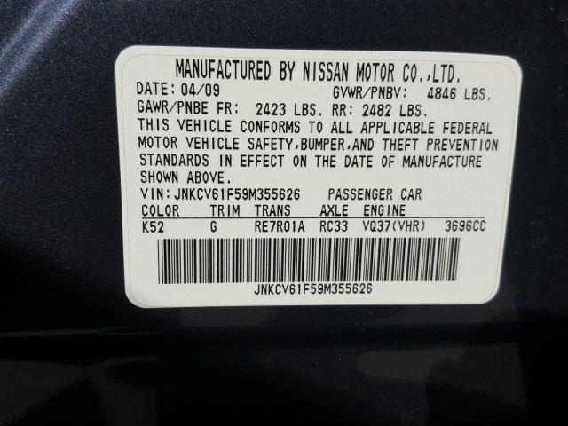 JNKCV61F59M355626 - 2009 INFINITI G37 BLUE photo 10