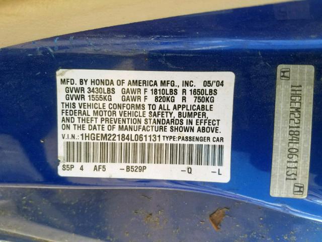 1HGEM22184L061131 - 2004 HONDA CIVIC DX V BLUE photo 10