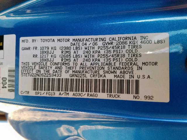 5TETU22N26Z253433 - 2006 TOYOTA TACOMA X-R BLUE photo 10