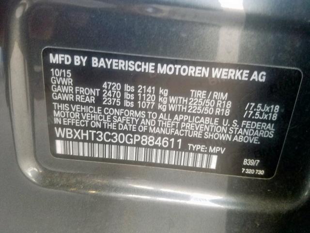 WBXHT3C30GP884611 - 2016 BMW X1 XDRIVE2 GRAY photo 10