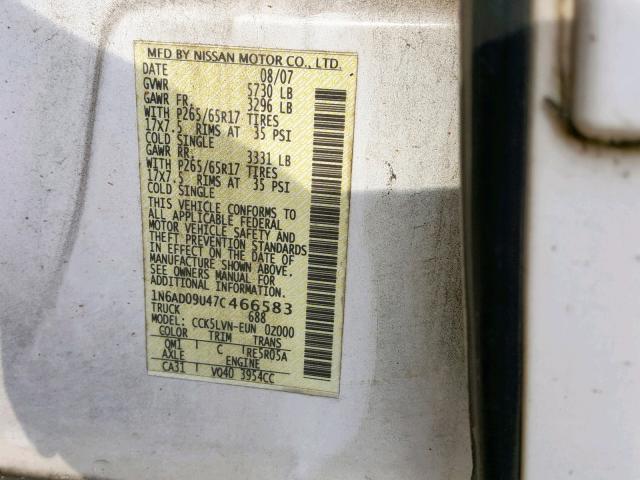 1N6AD09U47C466583 - 2007 NISSAN FRONTIER C WHITE photo 10