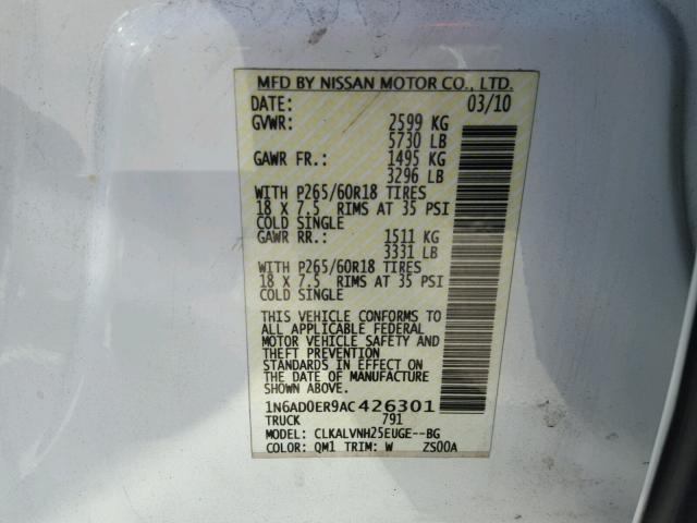 1N6AD0ER9AC426301 - 2010 NISSAN FRONTIER C WHITE photo 10