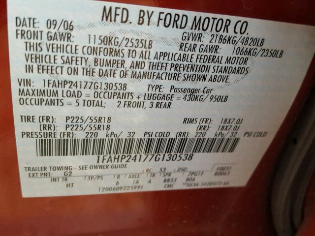 1FAHP24177G130538 - 2007 FORD FIVE HUNDR RED photo 10