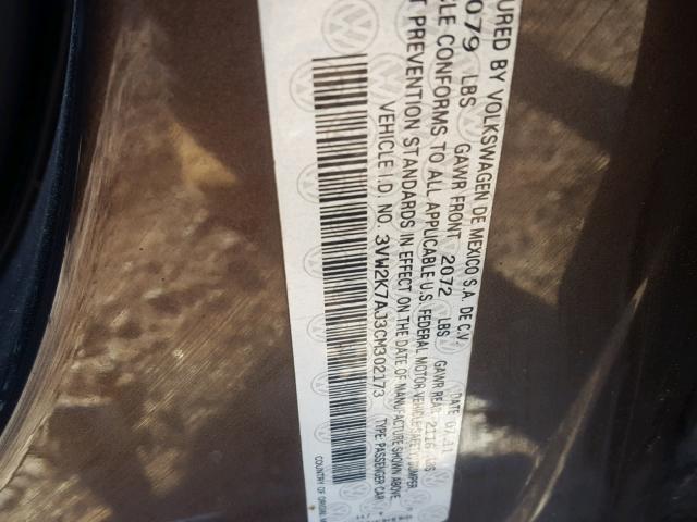 3VW2K7AJ3CM302173 - 2012 VOLKSWAGEN JETTA BASE BROWN photo 10
