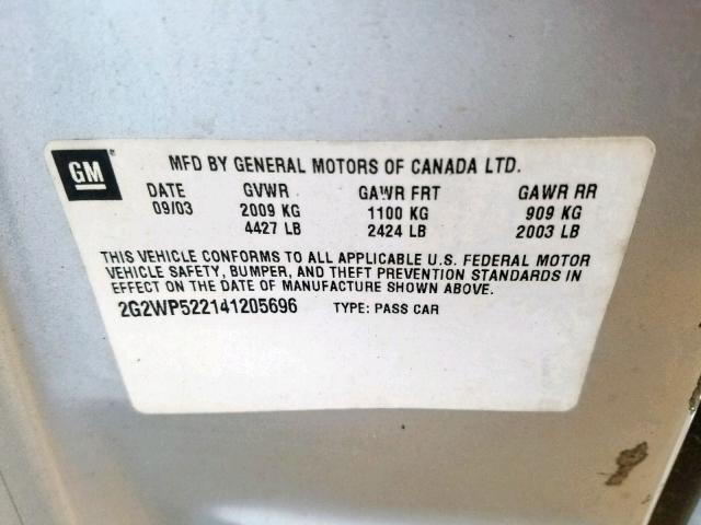 2G2WP522141205696 - 2004 PONTIAC GRAND PRIX GRAY photo 10