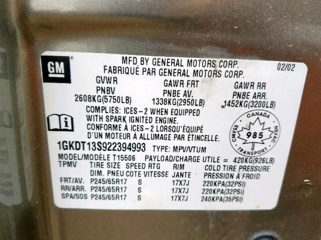 1GKDT13S922394993 - 2002 GMC ENVOY TAN photo 10