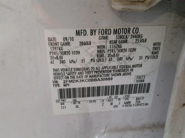 2FMDK3KC0BBA30889 - 2011 FORD EDGE LIMIT WHITE photo 10