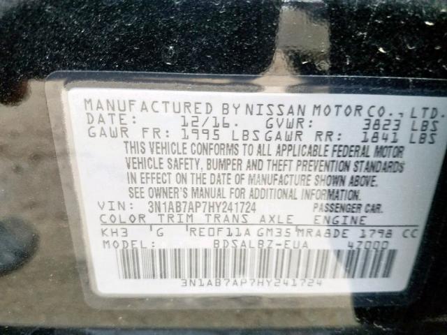 3N1AB7AP7HY241724 - 2017 NISSAN SENTRA S BLACK photo 10