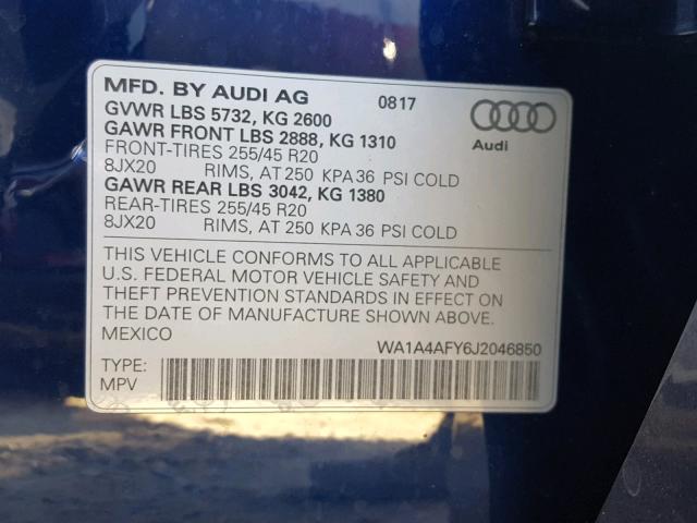 WA1A4AFY6J2046850 - 2018 AUDI SQ5 PREMIU BLUE photo 10