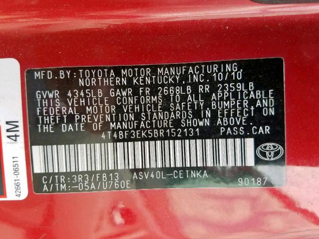 4T4BF3EK5BR152131 - 2011 TOYOTA CAMRY BASE RED photo 10
