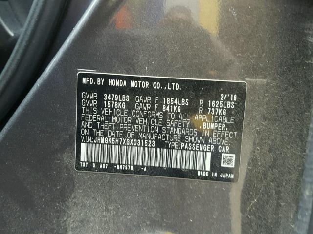 JHMGK5H7XGX031523 - 2016 HONDA FIT EX GRAY photo 10