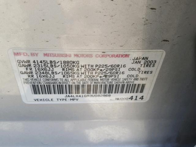 JA4LX41G83U082868 - 2003 MITSUBISHI OUTLANDER SILVER photo 10