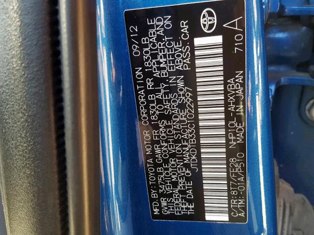 JTDKDTB33C1022997 - 2012 TOYOTA PRIUS C BLUE photo 10