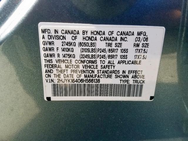 2HJYK16406H566138 - 2006 HONDA RIDGELINE BLUE photo 10