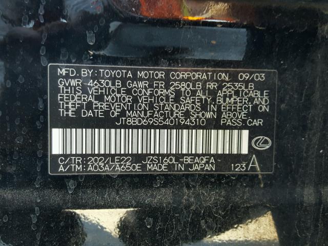 JT8BD69S540194310 - 2004 LEXUS GS 300 BLACK photo 10