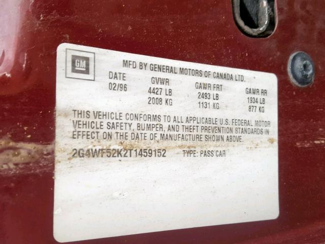 2G4WF52K2T1459152 - 1996 BUICK REGAL GRAN RED photo 10