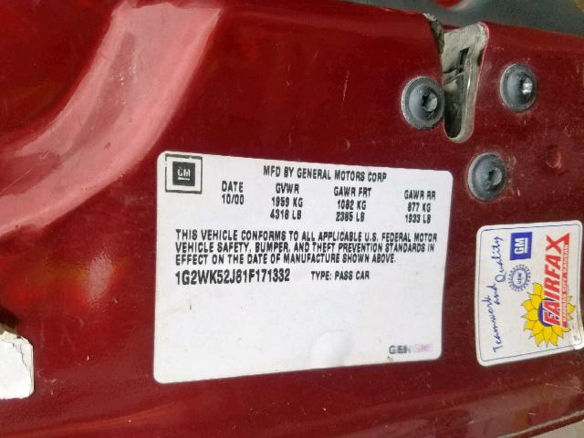 1G2WK52J81F171332 - 2001 PONTIAC GRAND PRIX MAROON photo 10