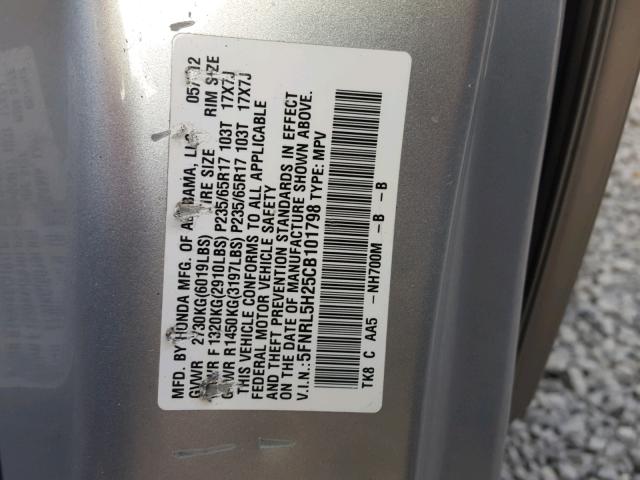 5FNRL5H25CB101798 - 2012 HONDA ODYSSEY LX SILVER photo 10