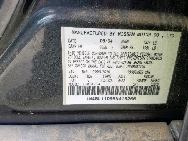 1N4BL11D95N418256 - 2005 NISSAN ALTIMA SE CHARCOAL photo 10