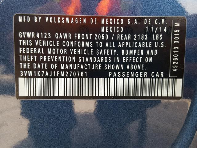 3VW1K7AJ1FM270761 - 2015 VOLKSWAGEN JETTA BASE Կապույտ լուսանկար 10