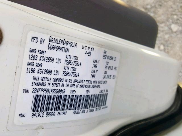 2B4FP25B1XR380040 - 1999 DODGE CARAVAN WHITE photo 10