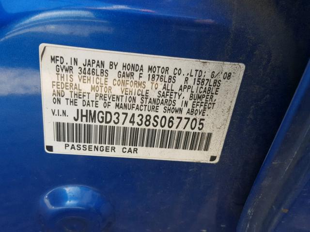 JHMGD37438S067705 - 2008 HONDA FIT BLUE photo 10