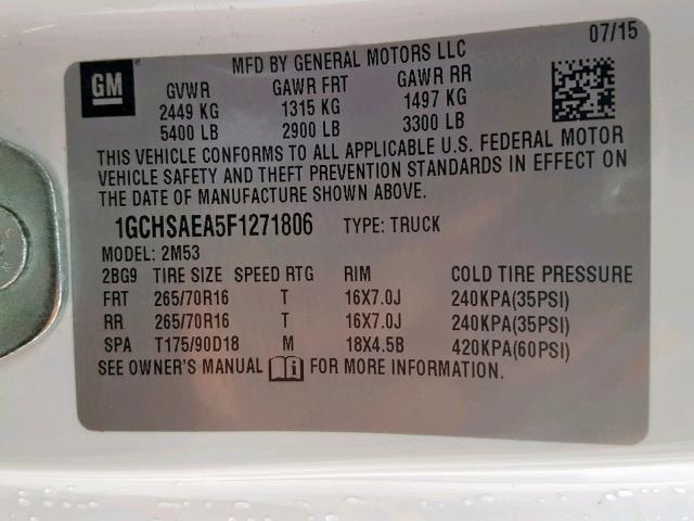 1GCHSAEA5F1271806 - 2015 CHEVROLET COLORADO WHITE photo 10