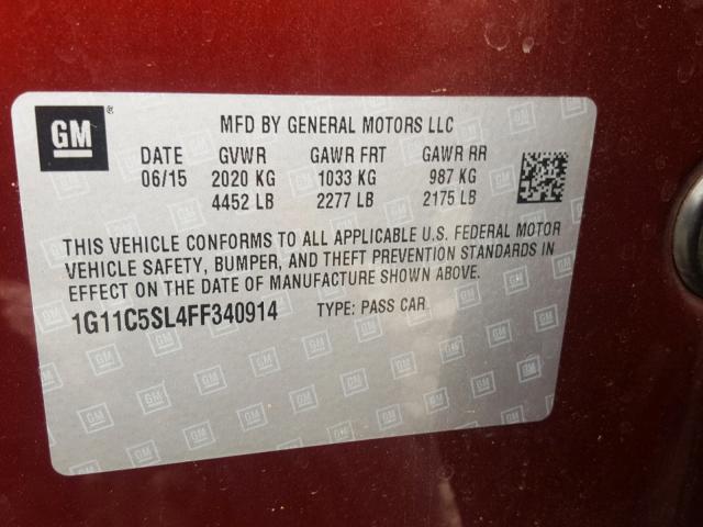 1G11C5SL4FF340914 - 2015 CHEVROLET MALIBU 1LT MAROON photo 10