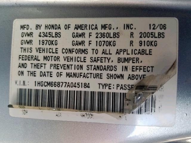 1HGCM66877A045184 - 2007 HONDA ACCORD EX SILVER photo 10