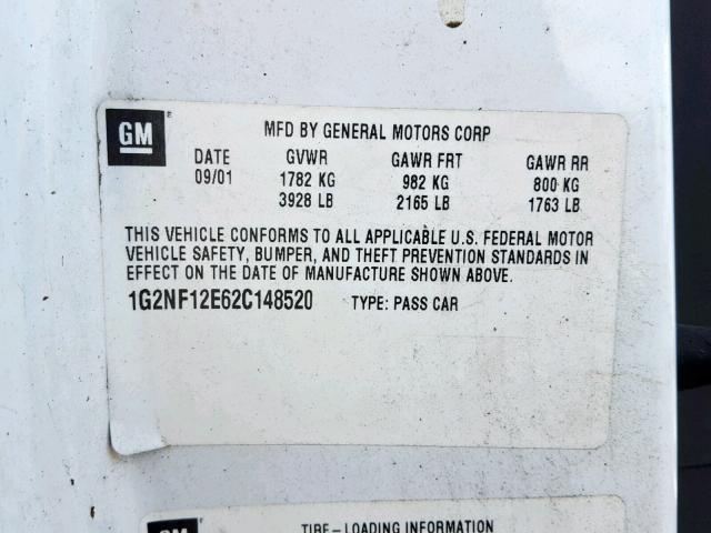 1G2NF12E62C148520 - 2002 PONTIAC GRAND AM S WHITE photo 10