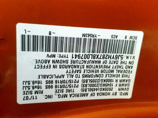 5J6YH287X8L007941 - 2008 HONDA ELEMENT EX ORANGE photo 10