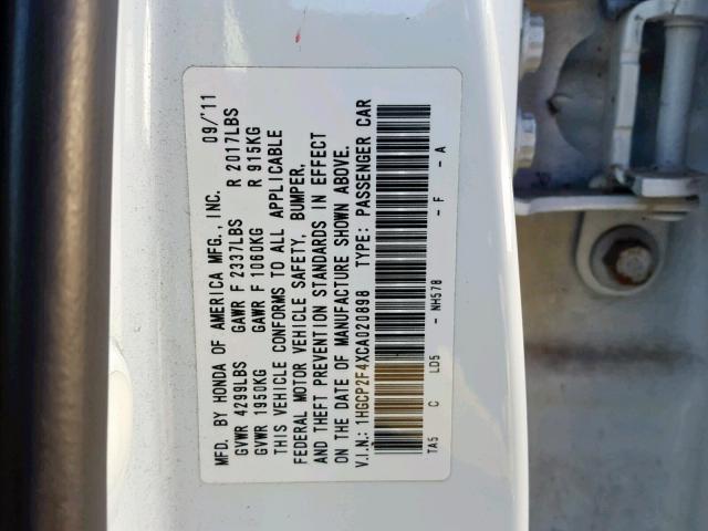 1HGCP2F4XCA020898 - 2012 HONDA ACCORD LXP WHITE photo 10