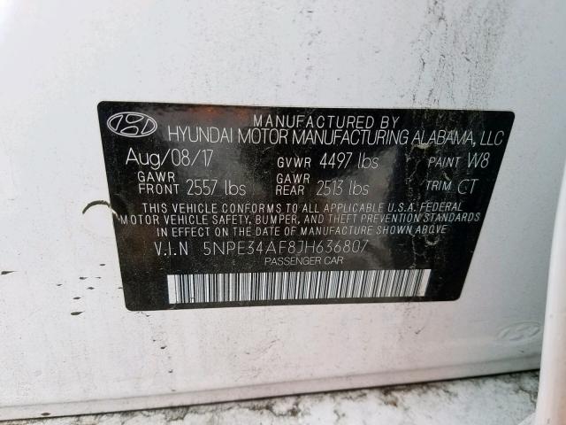 5NPE34AF8JH636807 - 2018 HYUNDAI SONATA SPO WHITE photo 10