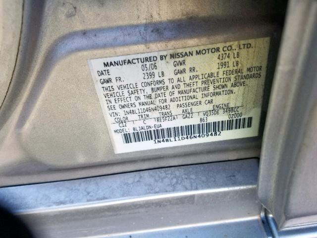 1N4BL11D46N409482 - 2006 NISSAN ALTIMA SE GOLD photo 10