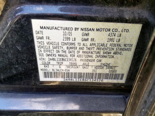 1N4BL11E86C134526 - 2006 NISSAN ALTIMA SE BLACK photo 10