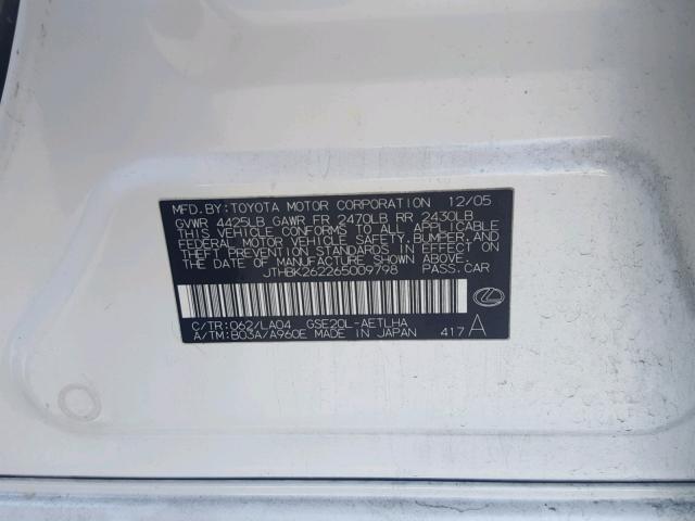 JTHBK262265009798 - 2006 LEXUS IS 250 WHITE photo 10