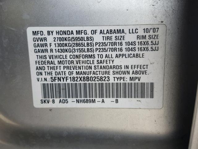 5FNYF182X8B025823 - 2008 HONDA PILOT VP SILVER photo 10