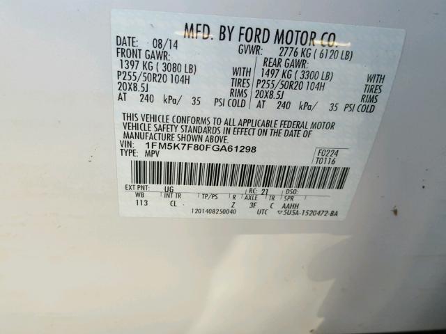 1FM5K7F80FGA61298 - 2015 FORD EXPLORER L WHITE photo 10