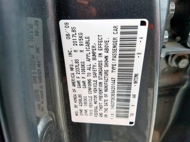 1HGCP26369A201447 - 2009 HONDA ACCORD LX GRAY photo 10