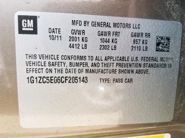 1G1ZC5E06CF205143 - 2012 CHEVROLET MALIBU 1LT 灰色 照片 10