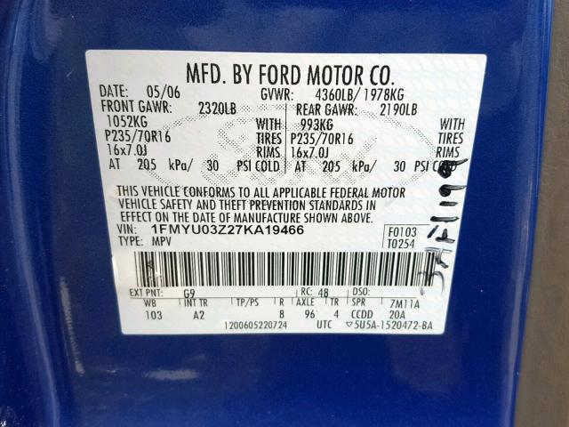 1FMYU03Z27KA19466 - 2007 FORD ESCAPE XLT BLUE photo 10