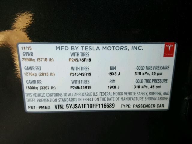 5YJSA1E19FF116689 - 2015 TESLA MODEL S GRAY photo 10