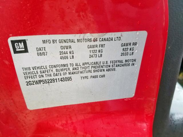 2G2WP552281143095 - 2008 PONTIAC GRAND PRIX RED photo 10